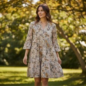SHEIN Beige Floral Tiered V-Neck Midi Dress